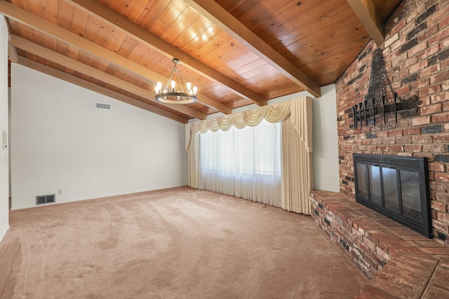 910 Hallmark Dr, Redding, CA 96001 - unfurnished living room featuring a chandelier, carpet, wood ceiling, and a fireplace