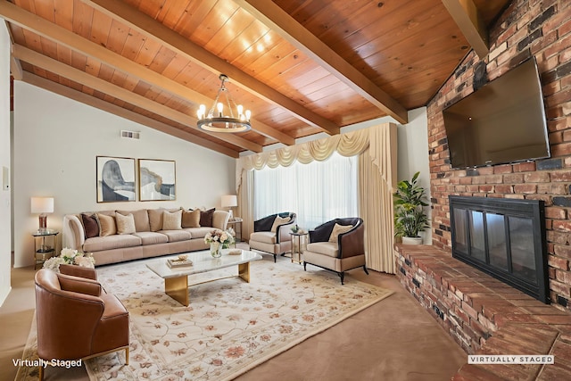 910 Hallmark Dr, Redding, CA 96001 - living room featuring wooden ceiling, a chandelier, a brick fireplace, and carpet floors