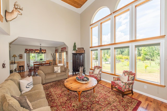 100 Eleanore Ln, Trinity Center, CA 96091 - living area with high vaulted ceiling, a chandelier, wood finished floors, and arched walkways