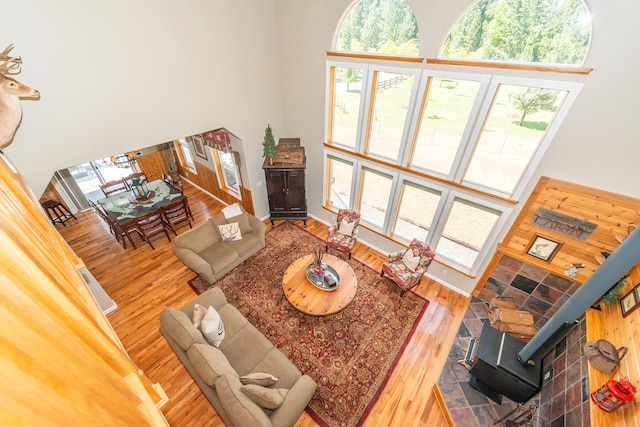 100 Eleanore Ln, Trinity Center, CA 96091 - living room with a towering ceiling, a wood stove, healthy amount of natural light, and wood finished floors