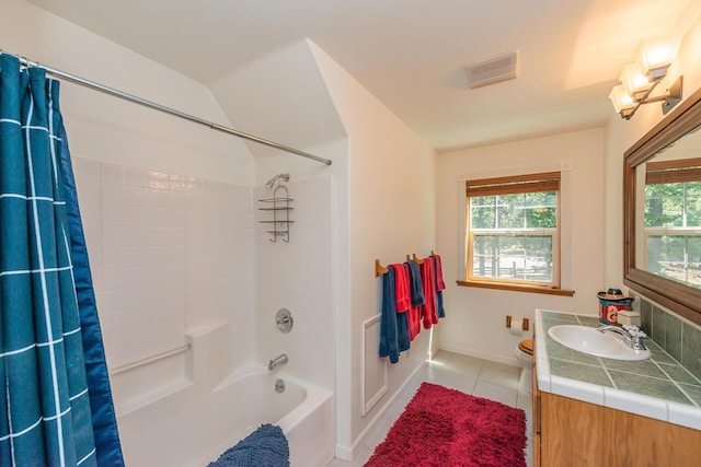100 Eleanore Ln, Trinity Center, CA 96091 - bathroom with vanity, plenty of natural light, tile patterned flooring, and shower / bathtub combination with curtain