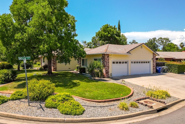 676 Country Oak Dr, Redding, CA 96003 - ranch-style home with an attached garage, a tile roof, a front yard, and concrete driveway