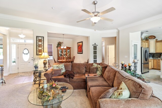 1835 Dellwood Dr, Redding, CA 96003 - living area with crown molding, light tile patterned flooring, a ceiling fan, and a chandelier