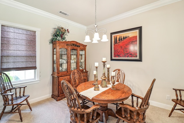 1835 Dellwood Dr, Redding, CA 96003 - dining room with light colored carpet, a chandelier, and ornamental molding