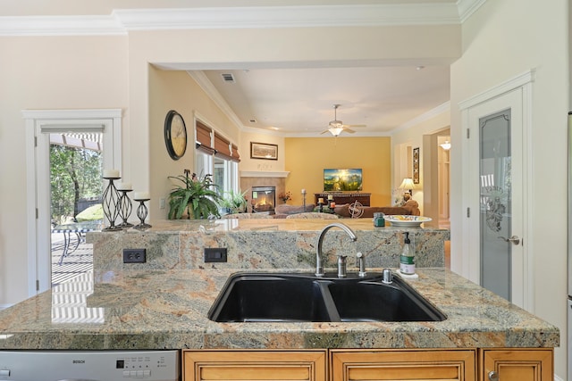 1835 Dellwood Dr, Redding, CA 96003 - kitchen featuring plenty of natural light, crown molding, open floor plan, tile counters, and ceiling fan