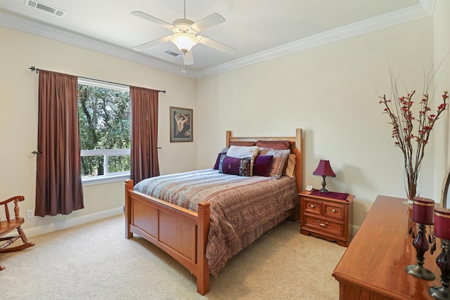 1835 Dellwood Dr, Redding, CA 96003 - bedroom with light carpet, ornamental molding, and a ceiling fan