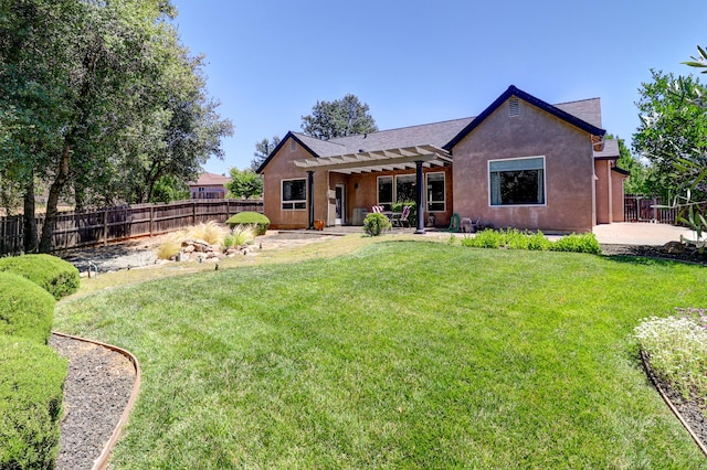1835 Dellwood Dr, Redding, CA 96003 - rear view of house with a pergola, a patio, a fenced backyard, and stucco siding