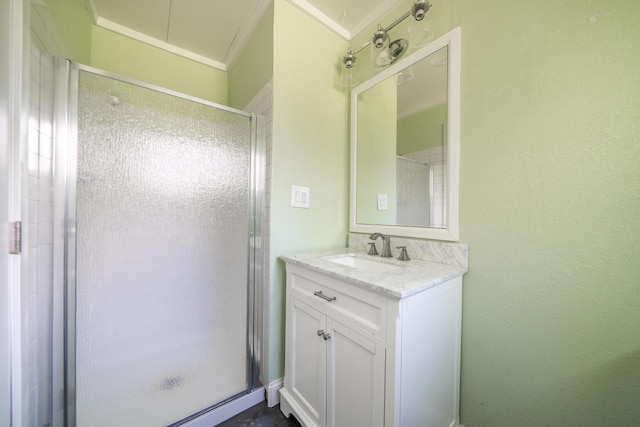 1430 Oakdale Ln, Redding, CA 96003 - full bathroom featuring a stall shower, vanity, and ornamental molding