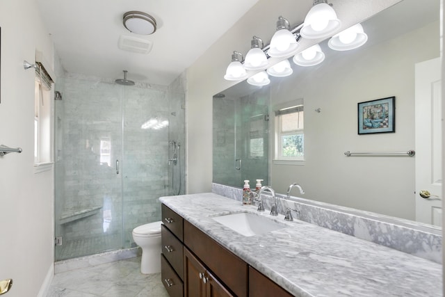 2834 Aspen Glow Ln, Redding, CA 96001 - full bath featuring vanity, a shower stall, a chandelier, and marble finish flooring