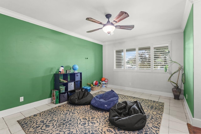 3428 Adams Ln, Redding, CA 96002 - game room with tile patterned floors, ornamental molding, and ceiling fan