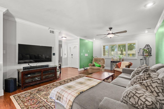 3428 Adams Ln, Redding, CA 96002 - living room featuring wood finished floors, ceiling fan, crown molding, and recessed lighting