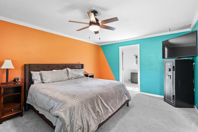 3428 Adams Ln, Redding, CA 96002 - carpeted bedroom with crown molding, a ceiling fan, and ensuite bath