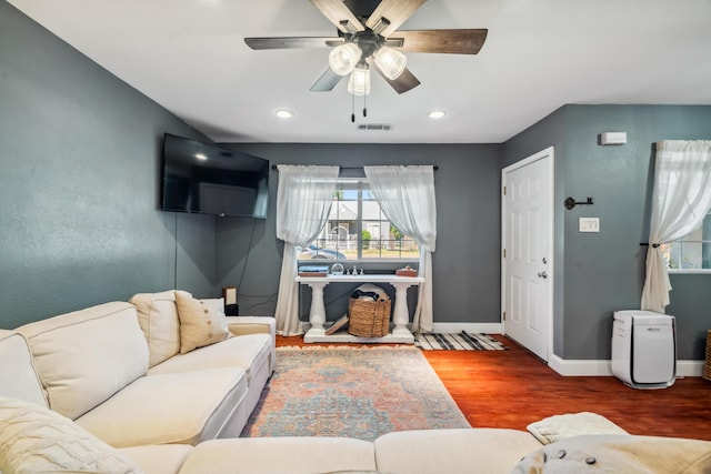 2623 Freebridge St, Redding, CA 96001 - living room featuring ceiling fan, wood finished floors, and recessed lighting