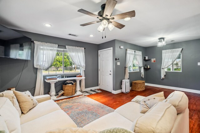 2623 Freebridge St, Redding, CA 96001 - living room with ceiling fan, wood finished floors, and recessed lighting