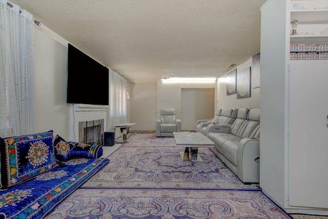 2308 Hawn Ave, Redding, CA 96002 - living area with a textured ceiling and a brick fireplace