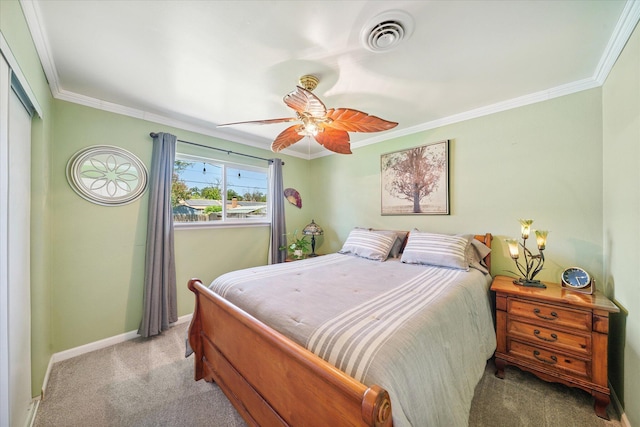 2912 Squire Ave, Redding, CA 96002 - bedroom featuring carpet floors, a closet, crown molding, and ceiling fan