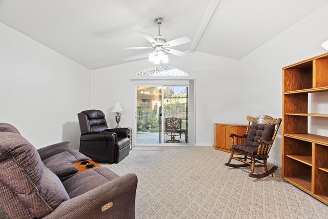 4592 Impression Way, Shasta Lake, CA 96019 - living room with lofted ceiling, light carpet, and ceiling fan