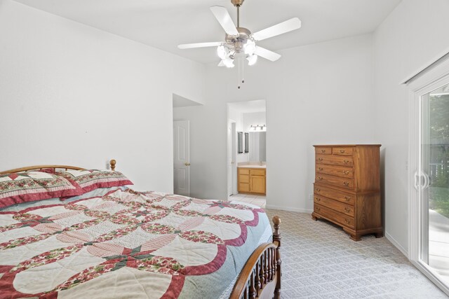 4592 Impression Way, Shasta Lake, CA 96019 - bedroom with access to exterior, high vaulted ceiling, ensuite bathroom, a ceiling fan, and light colored carpet