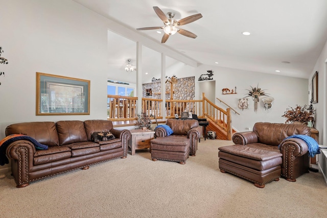 6949 Rector Creek Rd, Igo, CA 96047 - carpeted living room with a ceiling fan, stairs, high vaulted ceiling, beamed ceiling, and recessed lighting