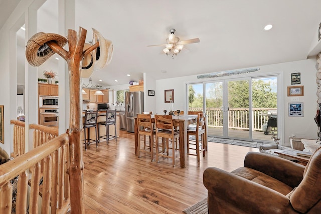 6949 Rector Creek Rd, Igo, CA 96047 - dining room with ceiling fan, plenty of natural light, light wood-style flooring, and recessed lighting
