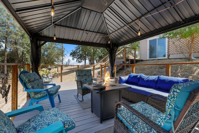 6949 Rector Creek Rd, Igo, CA 96047 - wooden deck with an outdoor living space with a fire pit and a gazebo