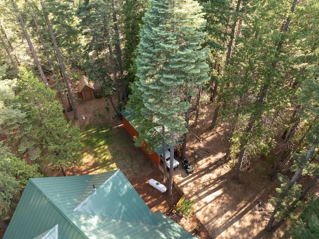 8637 Savannah Way, Shingletown, CA 96088 - view of yard with a storage shed and a wooded view