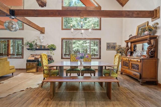 8637 Savannah Way, Shingletown, CA 96088 - dining space with high vaulted ceiling, a chandelier, beamed ceiling, wood finished floors, and plenty of natural light