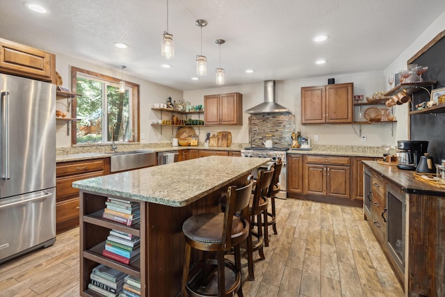 8637 Savannah Way, Shingletown, CA 96088 - kitchen with open shelves, high end appliances, wall chimney exhaust hood, light wood-style floors, and recessed lighting