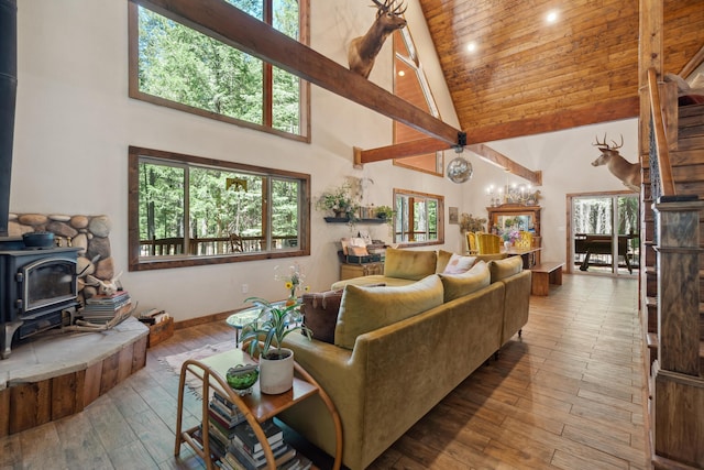 8637 Savannah Way, Shingletown, CA 96088 - living room featuring high vaulted ceiling, a wood stove, hardwood / wood-style flooring, recessed lighting, and wood ceiling