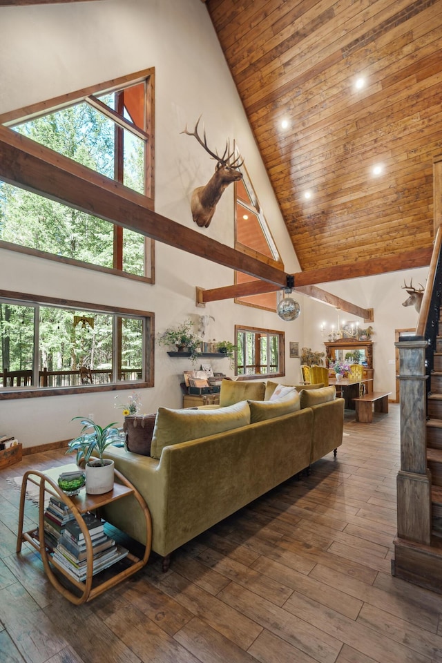 8637 Savannah Way, Shingletown, CA 96088 - living area with high vaulted ceiling, hardwood / wood-style flooring, recessed lighting, and wooden ceiling