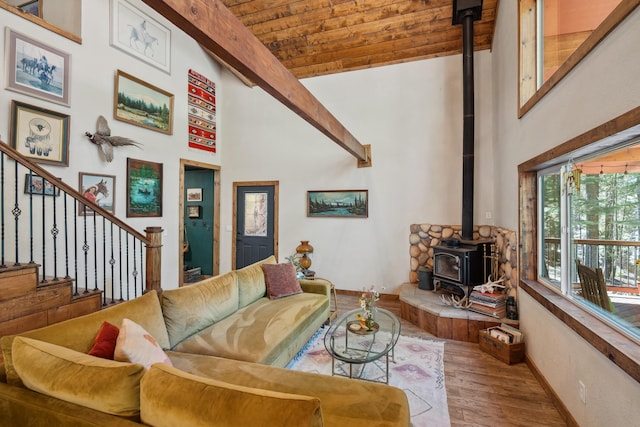 8637 Savannah Way, Shingletown, CA 96088 - living area featuring a wood stove, wood finished floors, a wooden ceiling with exposed beams, stairs, and high vaulted ceiling