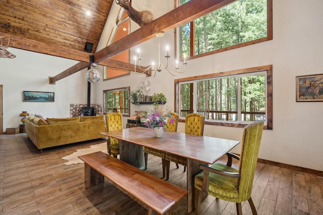 8637 Savannah Way, Shingletown, CA 96088 - dining room with high vaulted ceiling, a wood stove, hardwood / wood-style flooring, and plenty of natural light