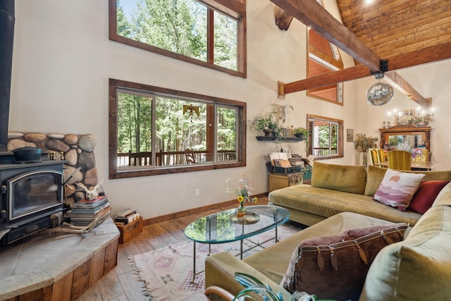 8637 Savannah Way, Shingletown, CA 96088 - living area featuring high vaulted ceiling, a wood stove, wood finished floors, and a chandelier