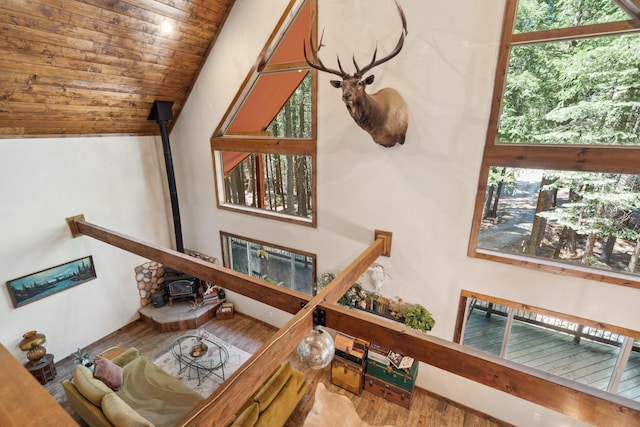 8637 Savannah Way, Shingletown, CA 96088 - living area with a wood stove, lofted ceiling, wood finished floors, and wooden ceiling