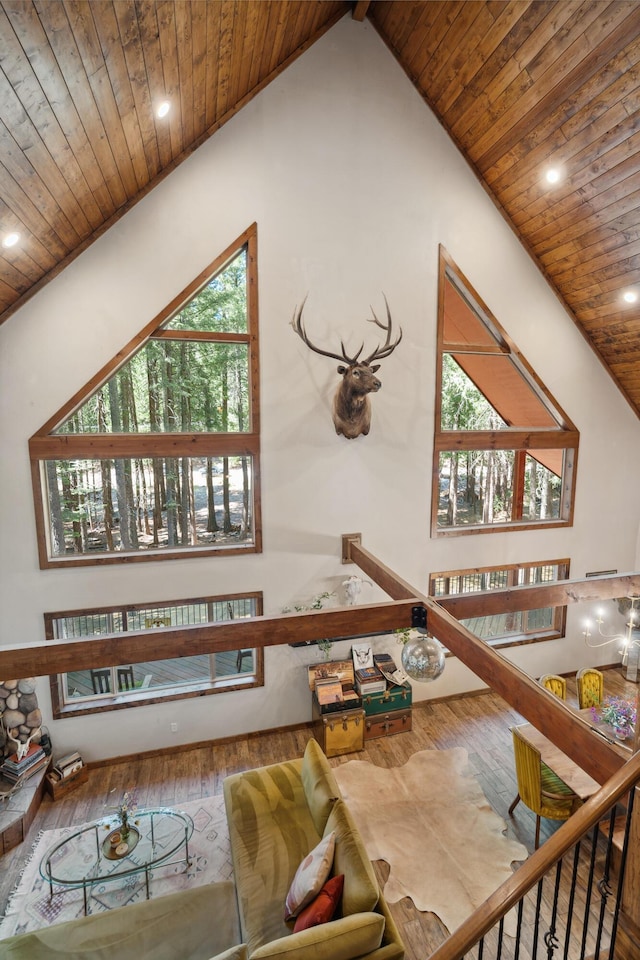 8637 Savannah Way, Shingletown, CA 96088 - living room featuring wood ceiling, hardwood / wood-style flooring, recessed lighting, and plenty of natural light