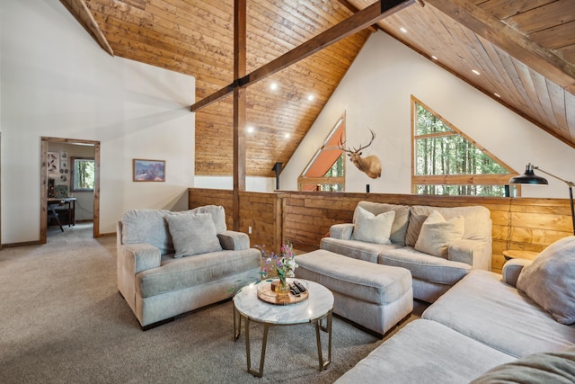 8637 Savannah Way, Shingletown, CA 96088 - carpeted living room with a wood ceiling with exposed beams, high vaulted ceiling, and recessed lighting