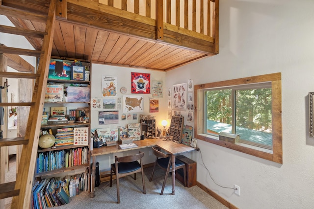 8637 Savannah Way, Shingletown, CA 96088 - home office featuring carpet floors, wood ceiling, and built in desk
