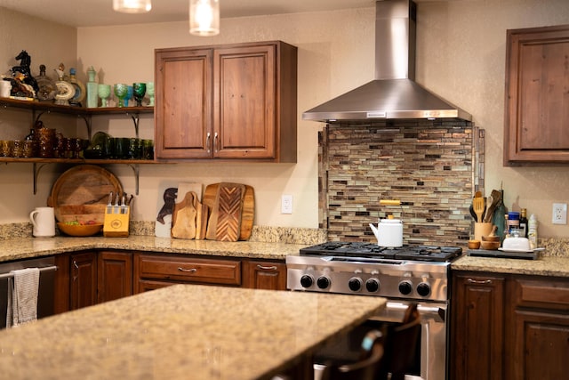 8637 Savannah Way, Shingletown, CA 96088 - kitchen with wall chimney range hood, stainless steel stove, backsplash, and light stone countertops