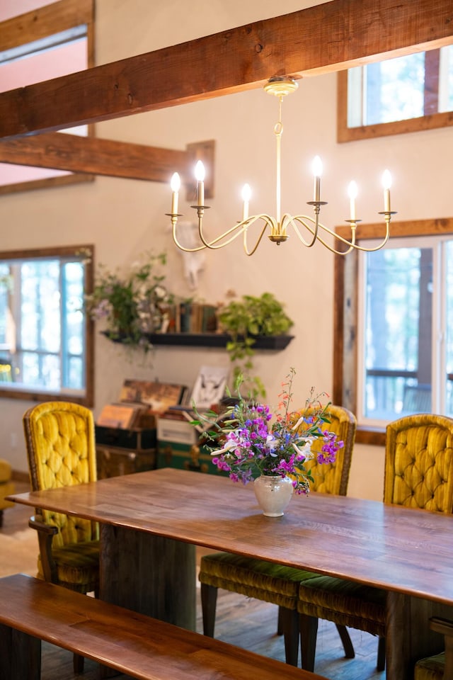 8637 Savannah Way, Shingletown, CA 96088 - dining room featuring a chandelier and beamed ceiling
