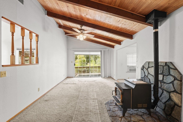 20822 Clough Creek Rd, Redding, CA 96002 - living area with a wood stove, wooden ceiling, carpet floors, ceiling fan, and cooling unit