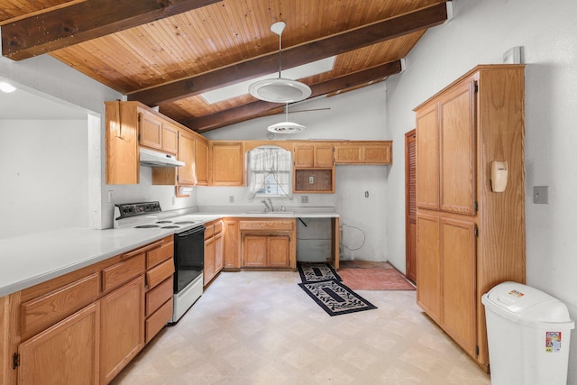 20822 Clough Creek Rd, Redding, CA 96002 - kitchen featuring white electric stove, under cabinet range hood, light floors, wooden ceiling, and light countertops