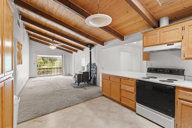 20822 Clough Creek Rd, Redding, CA 96002 - kitchen featuring white electric range, a wood stove, wood ceiling, under cabinet range hood, and light countertops