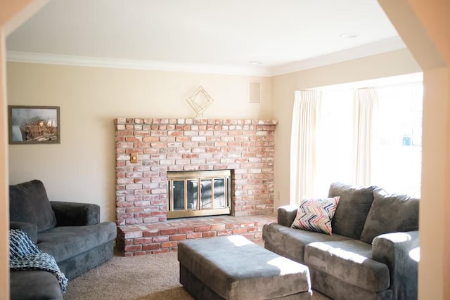 3060 Monte Bello Dr, Redding, CA 96001 - living area with crown molding, a brick fireplace, and carpet