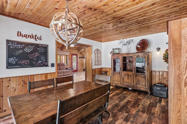 30303 Fremont Way, Oak Run, CA 96069 - dining area featuring wooden walls, a wainscoted wall, wooden ceiling, a chandelier, and dark wood finished floors