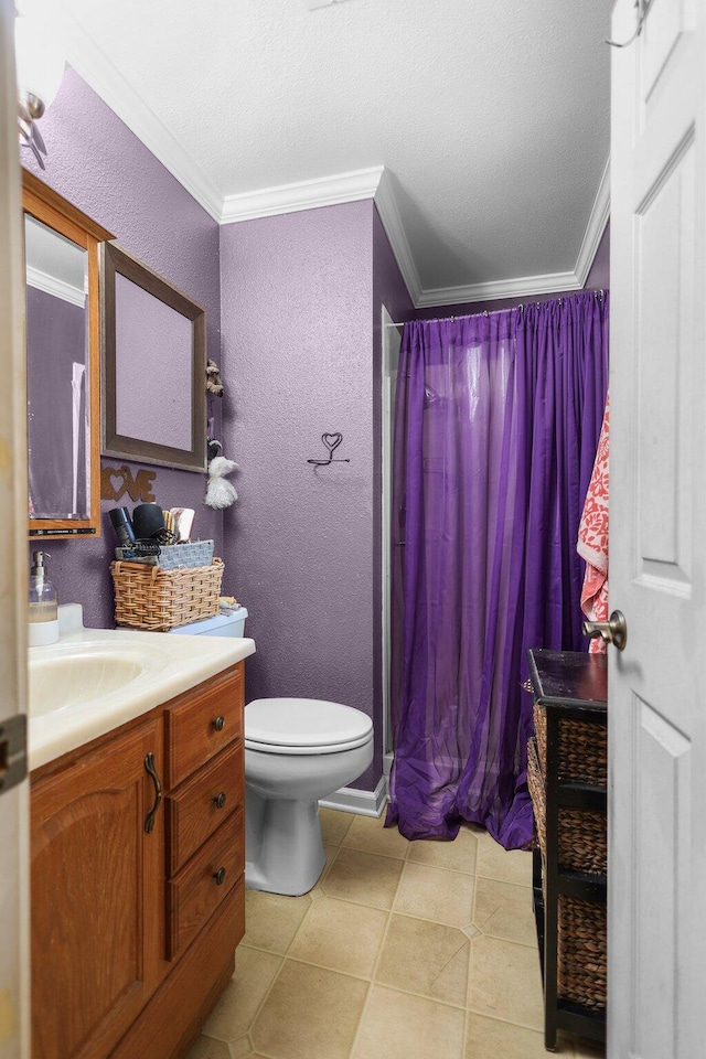 20106 Bonita Way, Redding, CA 96002 - bathroom with vanity, a textured wall, crown molding, a shower with shower curtain, and tile patterned flooring