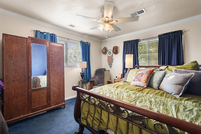 20106 Bonita Way, Redding, CA 96002 - bedroom featuring dark carpet, multiple windows, ornamental molding, a textured ceiling, and ceiling fan