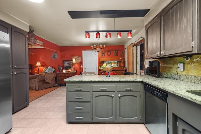20106 Bonita Way, Redding, CA 96002 - kitchen featuring dishwasher, a peninsula, a chandelier, light stone counters, and open floor plan