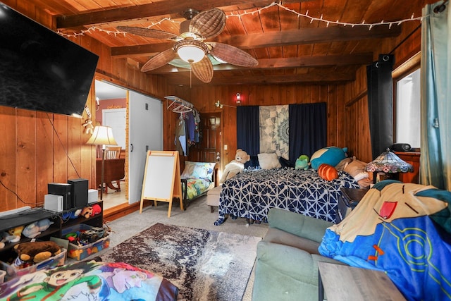 20106 Bonita Way, Redding, CA 96002 - bedroom with wooden walls, a wood ceiling with exposed beams, and carpet floors