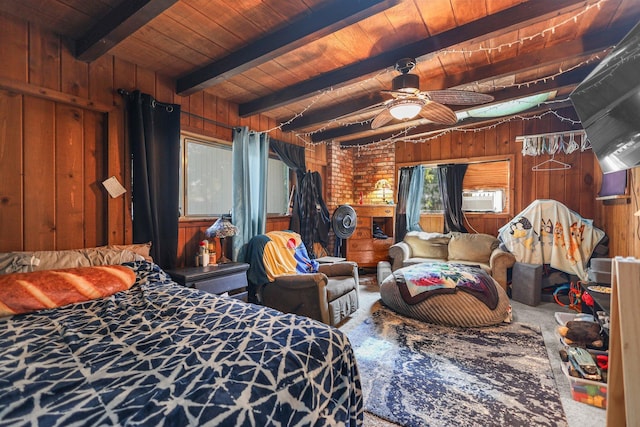 20106 Bonita Way, Redding, CA 96002 - bedroom featuring wood walls, carpet floors, cooling unit, and a wooden ceiling with exposed beams