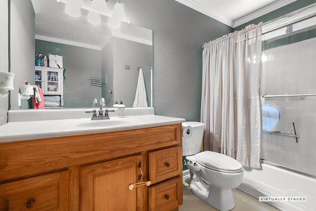 20106 Bonita Way, Redding, CA 96002 - full bathroom featuring crown molding, vanity, and shower / tub combo with curtain
